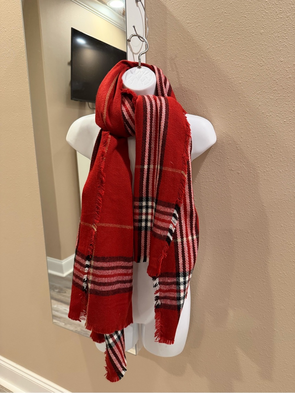 Source Unknown Red Plaid Fringed Scarf